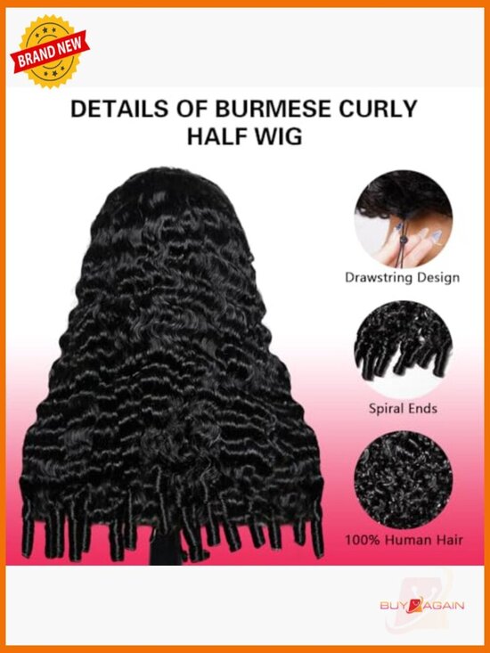 Burmese Curly Half Wig Human Hair 20 Inch 200% Density Glueless Drawstring